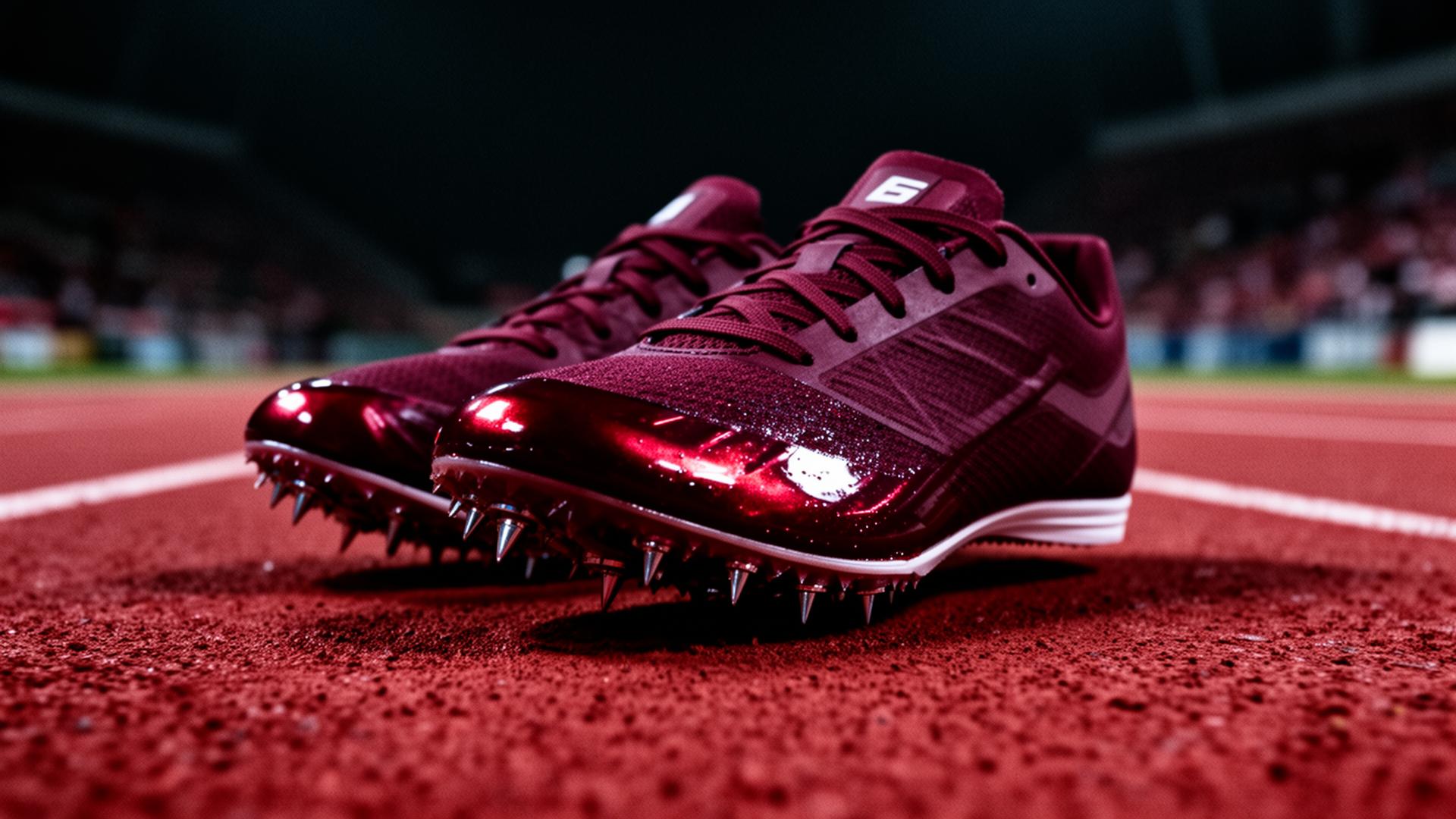 Running spikes on a stadium track lit in deep burgundy